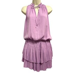 Pants Store Pleated Tiered Mini Dress Women Size S Lilac Purple Smocked Tie Neck